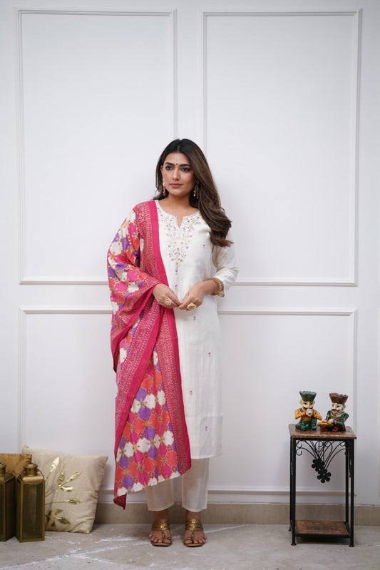 Sensational Off White Trending Viscose Chanderi Embroidary Suit Set