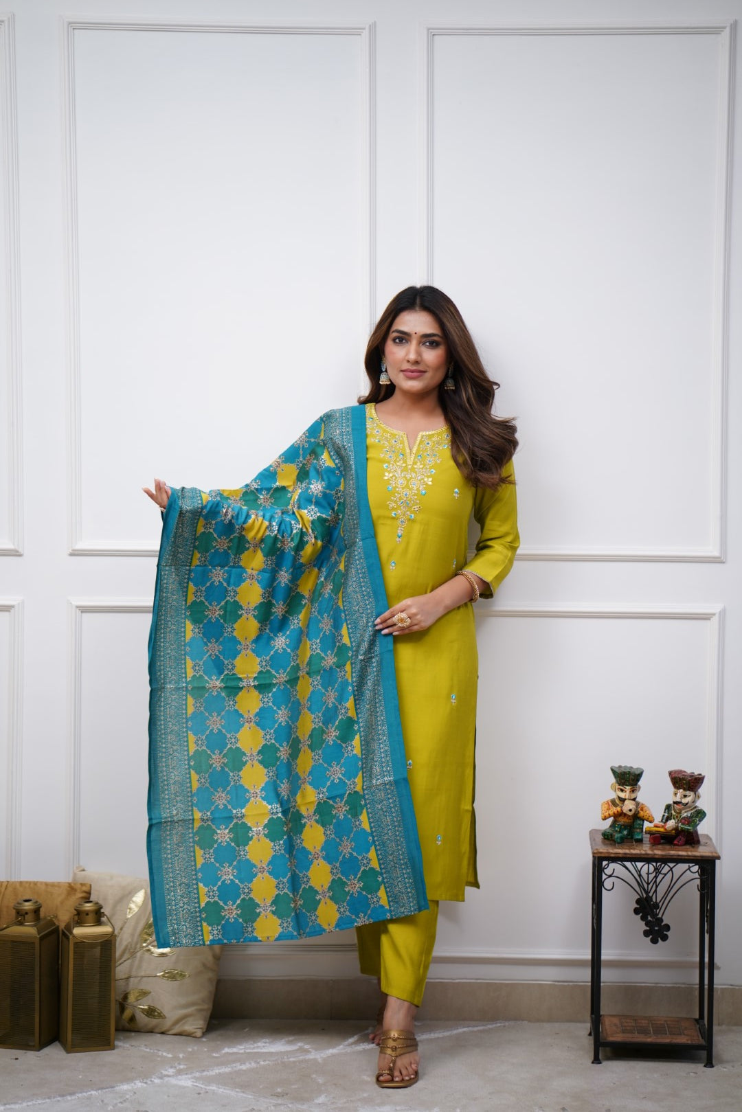 Sensational Lemon Trending Viscose Chanderi Embroidary Suit Set