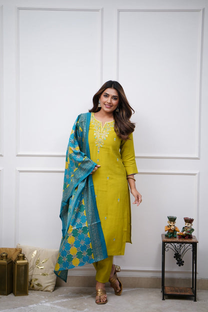 Sensational Lemon Trending Viscose Chanderi Embroidary Suit Set