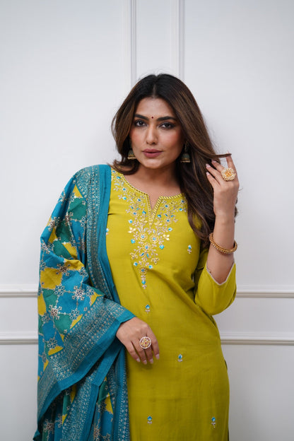 Sensational Lemon Trending Viscose Chanderi Embroidary Suit Set