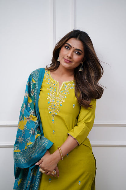 Sensational Lemon Trending Viscose Chanderi Embroidary Suit Set