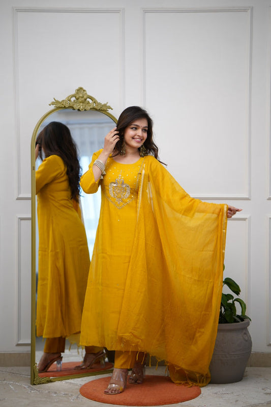 Elegant Yellow Chanderi Silk Embroidery Suit Set