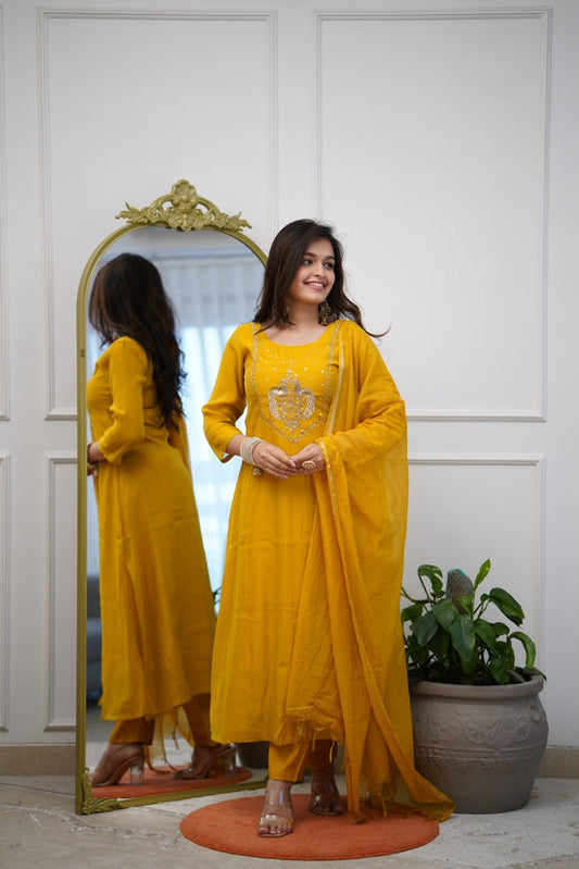 Elegant Yellow Chanderi Silk Embroidery Suit Set