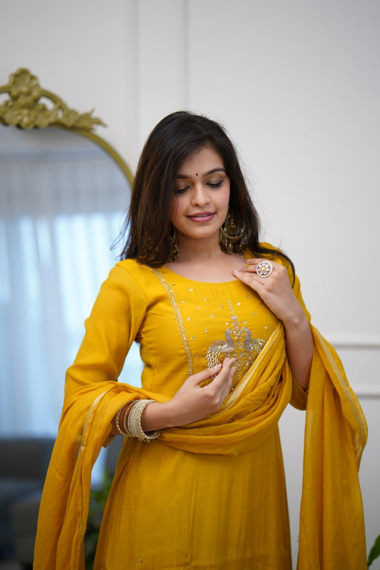 Elegant Yellow Chanderi Silk Embroidery Suit Set