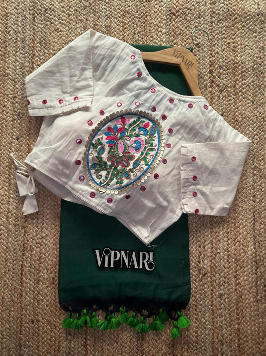 Elegant Peacock Handloom Cotton Saree With Stitched Designer Handwork Blouse