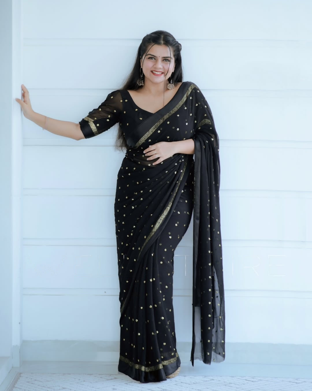 Most Trending Viral Pure Viscose Georgette Black Saree With Satin Border