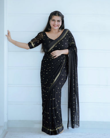 Most Trending Viral Pure Viscose Georgette Black Saree With Satin Border