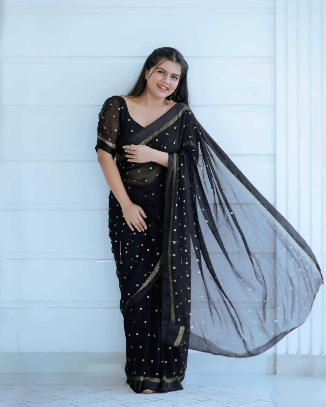 Most Trending Viral Pure Viscose Georgette Black Saree With Satin Border