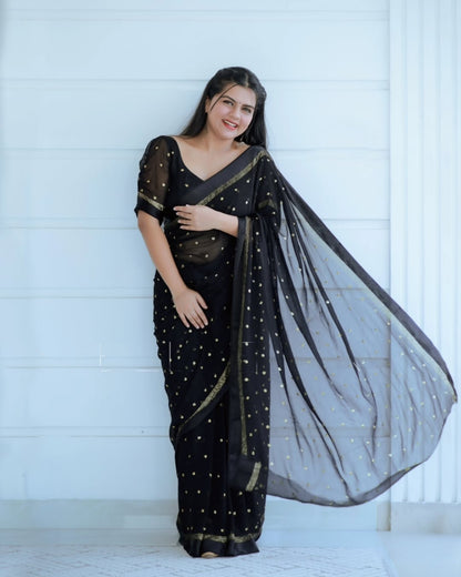 Most Trending Viral Pure Viscose Georgette Black Saree With Satin Border