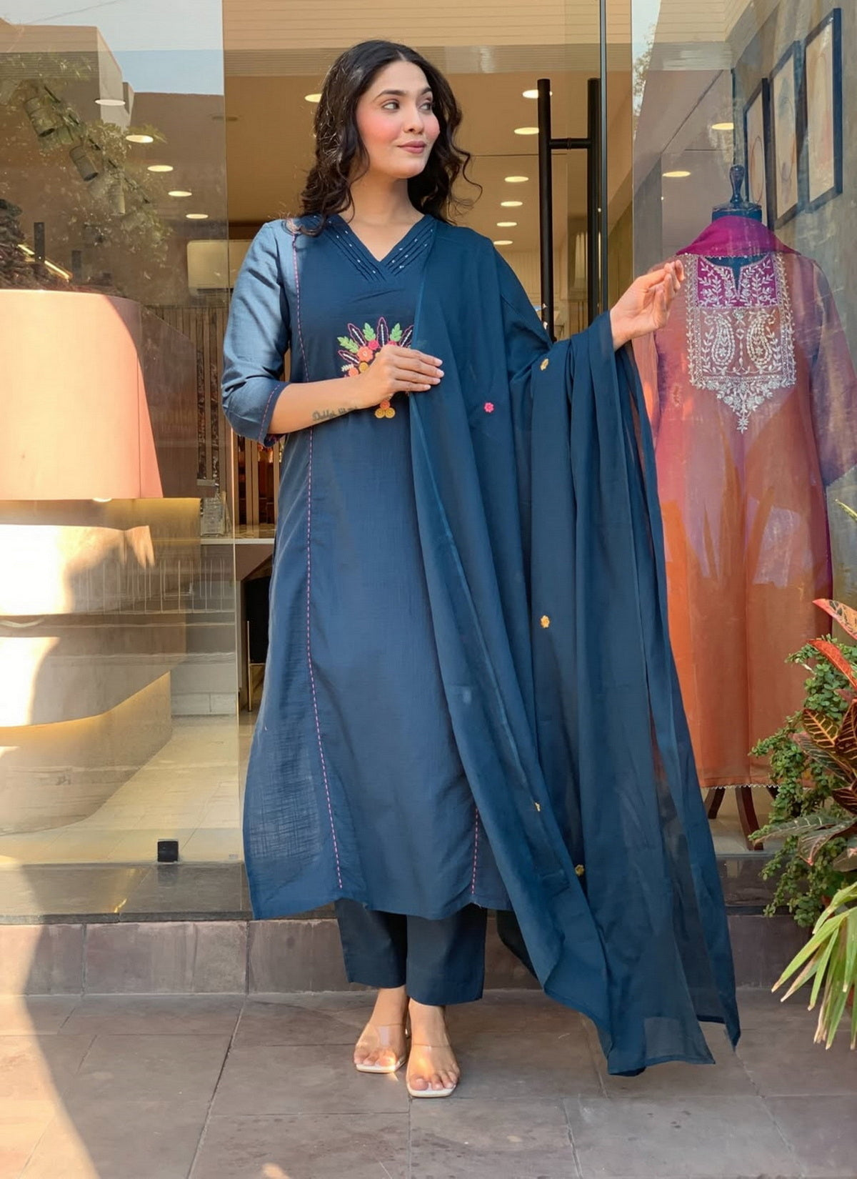 Elara Midnight Bloom Embroidered Suit Set
