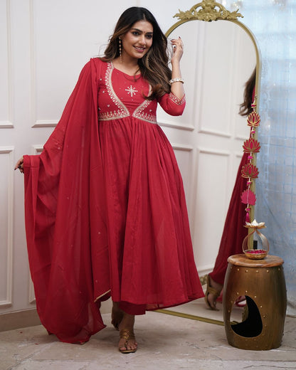 Most Attractive Red Pure Muslin Cotton Embroidery Suit Set
