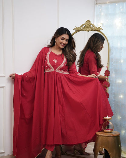 Most Attractive Red Pure Muslin Cotton Embroidery Suit Set