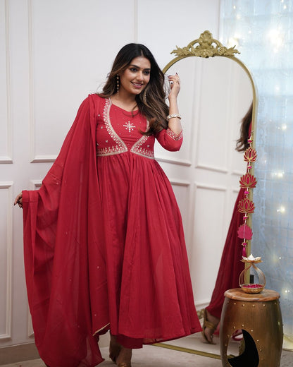 Most Attractive Red Pure Muslin Cotton Embroidery Suit Set