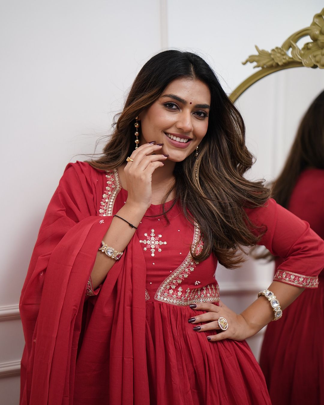 Most Attractive Red Pure Muslin Cotton Embroidery Suit Set