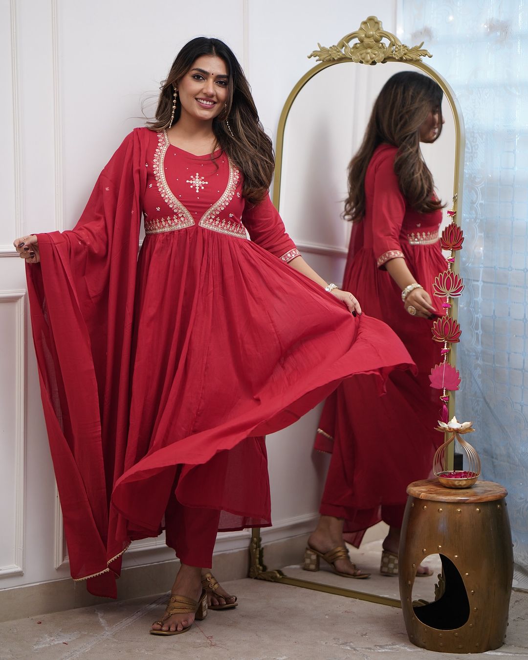 Most Attractive Red Pure Muslin Cotton Embroidery Suit Set