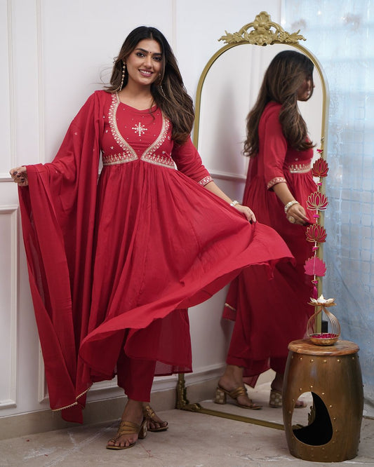 Most Attractive Red Pure Muslin Cotton Embroidery Suit Set