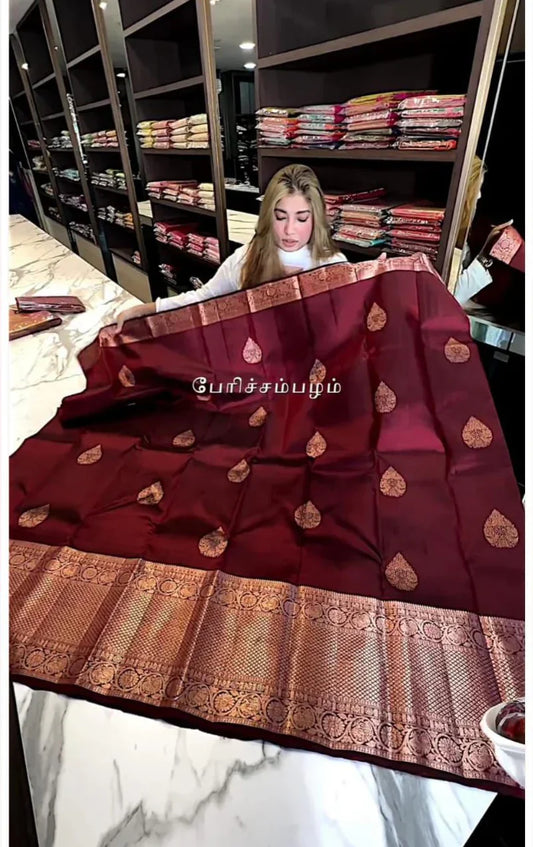 Red Dates Soft Banarasi Silk Saree with Golden Zari Work