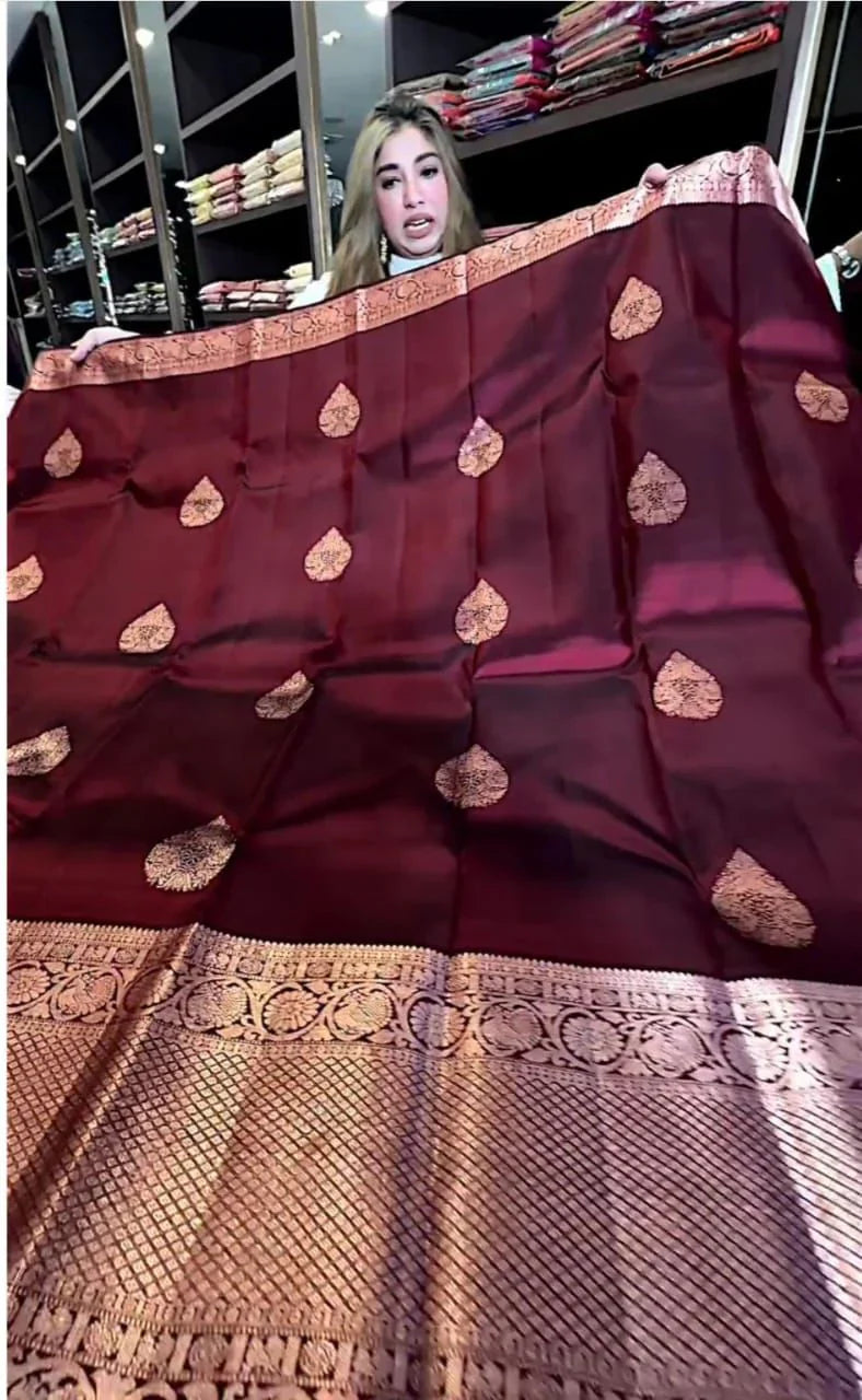 Red Dates Soft Banarasi Silk Saree with Golden Zari Work