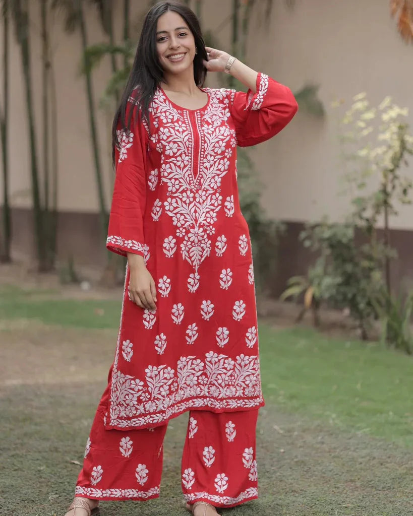 Most Trending Beautiful Designer Chikankari Kurta Plazzo Set