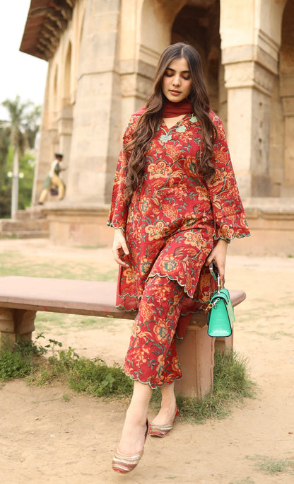 Pure Mul Cotton Maroon Suit Set