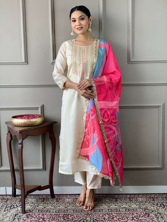 Exceptional Off White Chanderi Silk Embroidary Suit Set