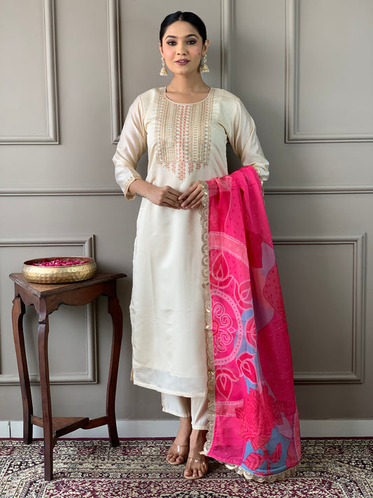 Exceptional Off White Chanderi Silk Embroidary Suit Set