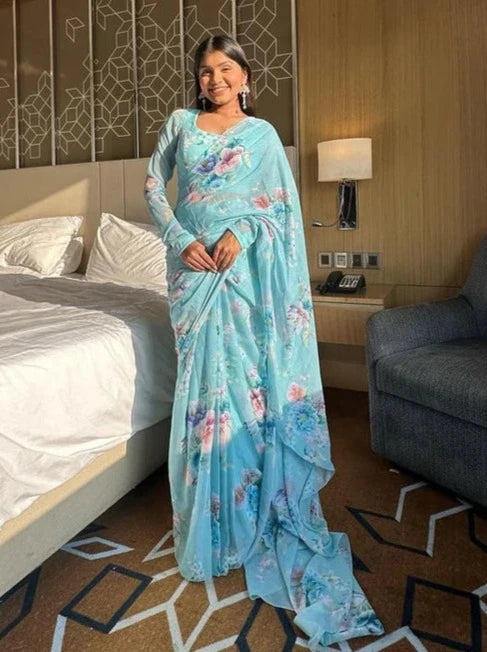 1 Min Ready To Wear Sky Floral Saree With Unstitched Blouse