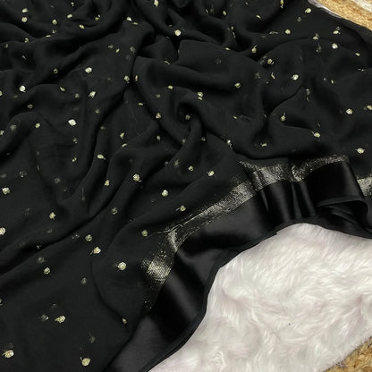 Most Trending Viral Pure Viscose Georgette Black Saree With Satin Border