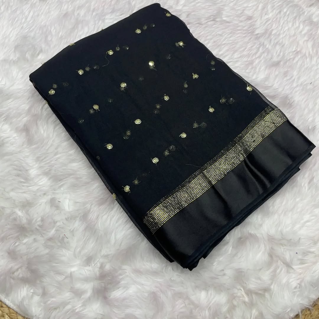 Most Trending Viral Pure Viscose Georgette Black Saree With Satin Border