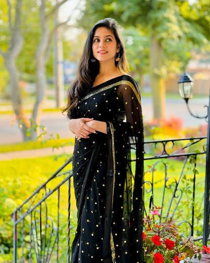 Most Trending Viral Pure Viscose Georgette Black Saree With Satin Border