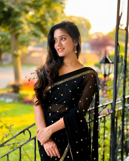 Most Trending Viral Pure Viscose Georgette Black Saree With Satin Border
