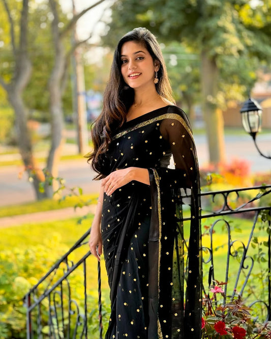 Most Trending Viral Pure Viscose Georgette Black Saree With Satin Border