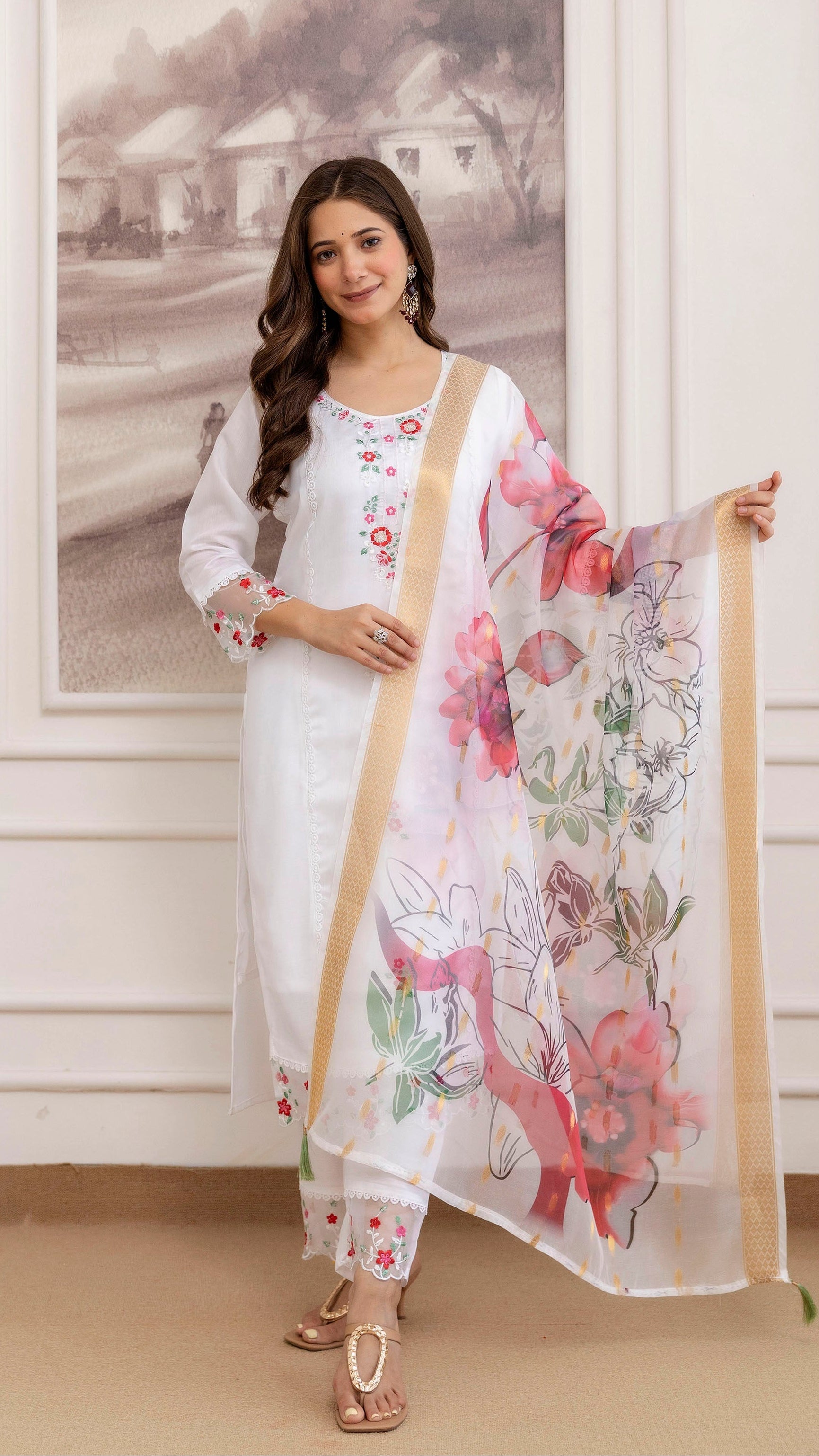 Crimson Petal Embroidered Chanderi suit Set