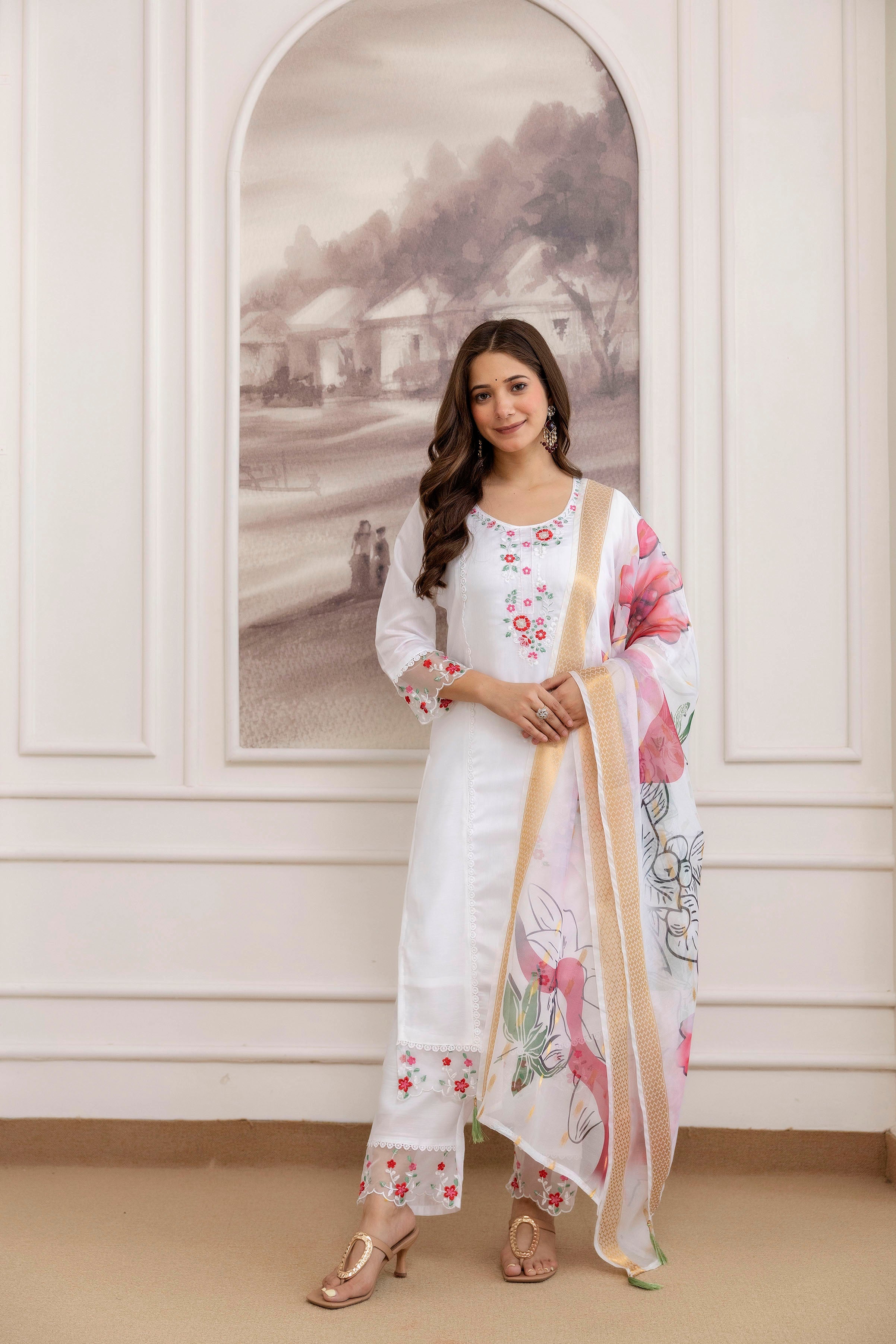 Crimson Petal Embroidered Chanderi suit Set