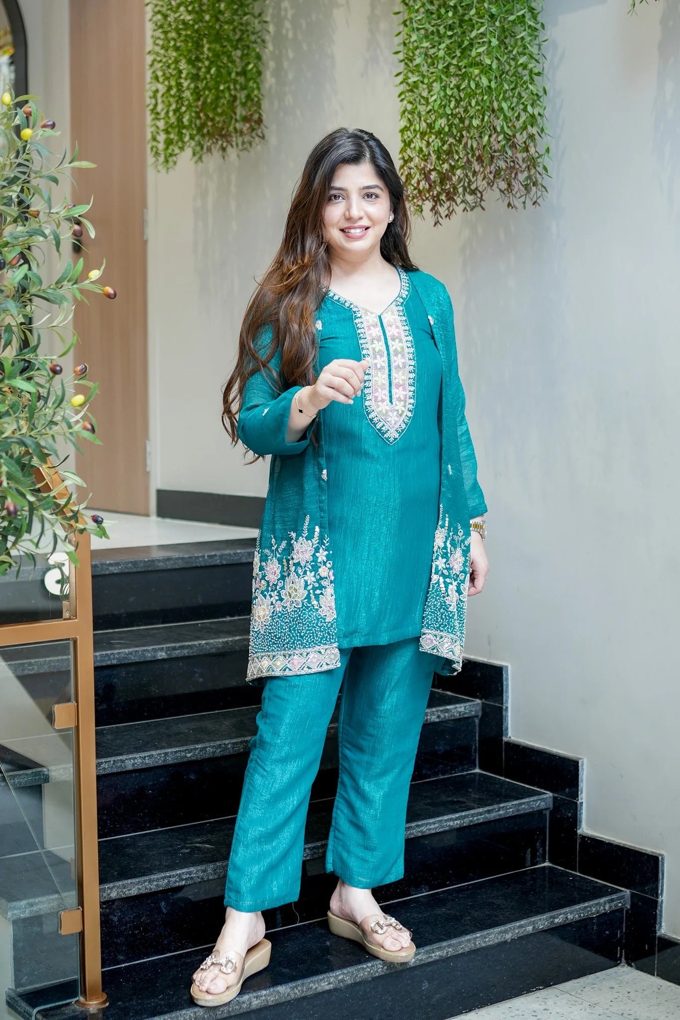 Premium Embroidered Chinon Silk Kurta Pant With Koti Set