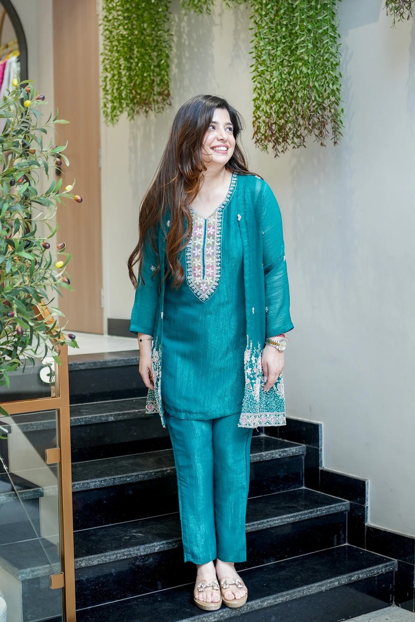 Premium Embroidered Chinon Silk Kurta Pant With Koti Set