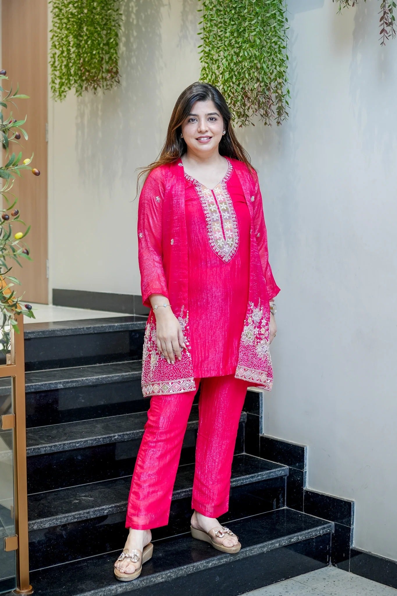 Premium Embroidered Chinon Silk Kurta Pant With Koti Set