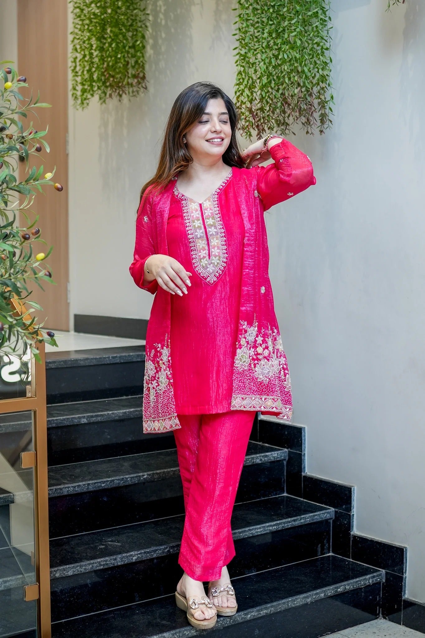 Premium Embroidered Chinon Silk Kurta Pant With Koti Set