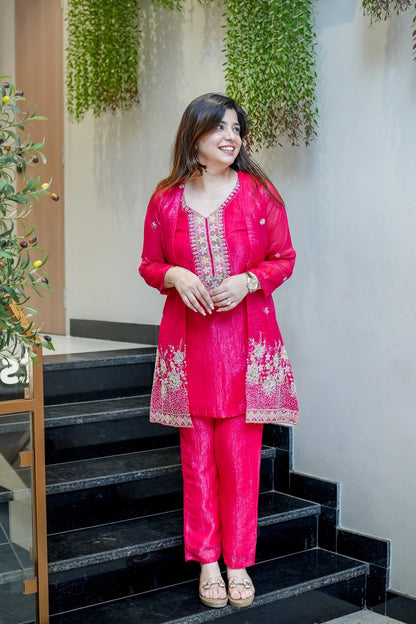 Premium Embroidered Chinon Silk Kurta Pant With Koti Set