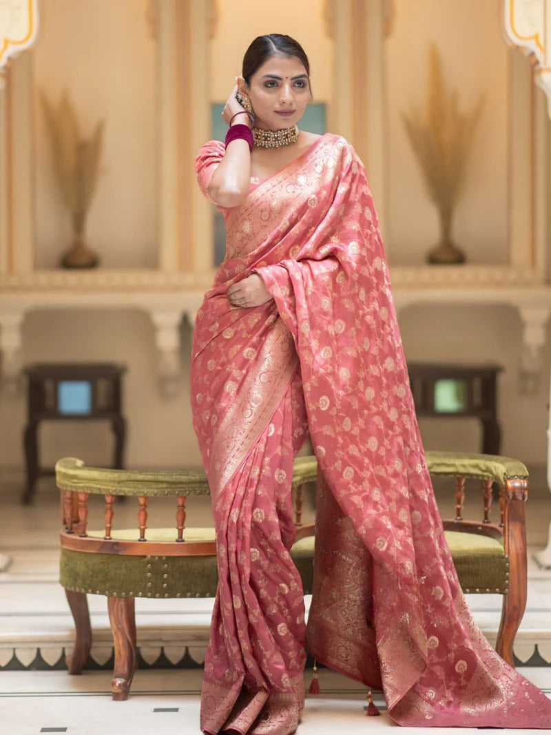 Shine Peach Pure Banarasi Silk Saree With Heavy Pallu