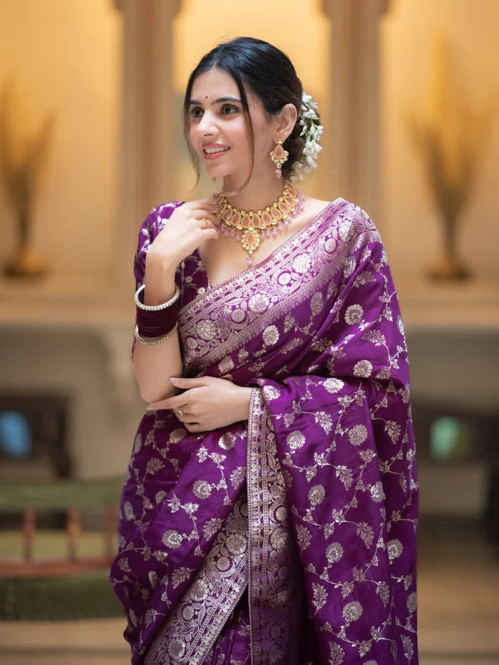 Royal Purple Pure Banarasi Silk Saree With Heavy Pallu