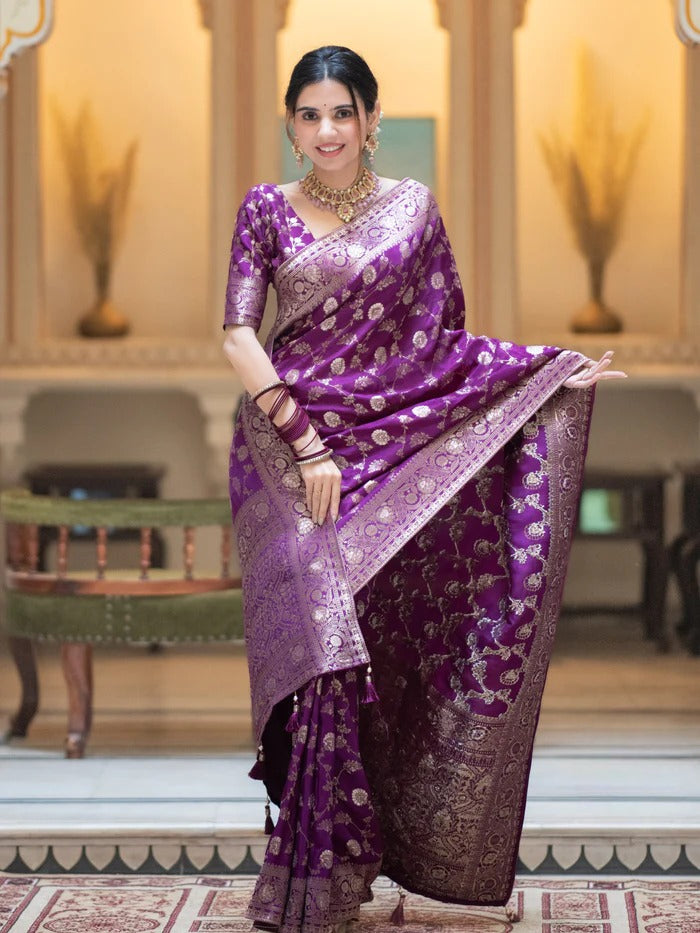 Royal Purple Pure Banarasi Silk Saree With Heavy Pallu