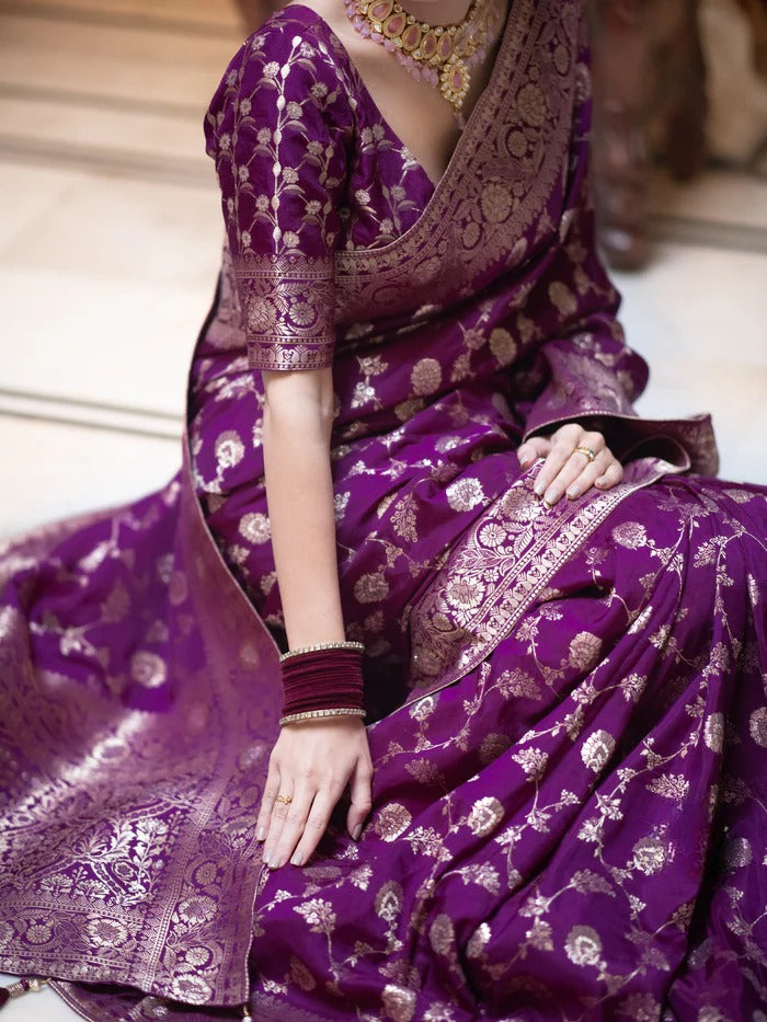 Royal Purple Pure Banarasi Silk Saree With Heavy Pallu