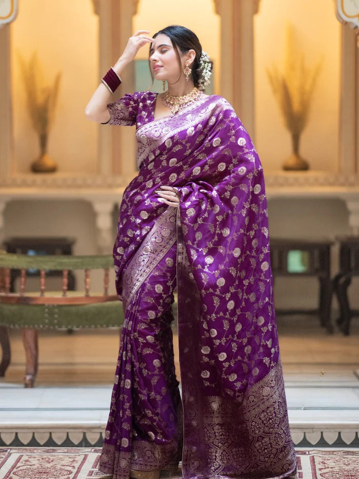 Royal Purple Pure Banarasi Silk Saree With Heavy Pallu