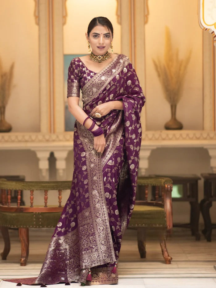 Royal Wine Pure Banarasi Silk Saree With Heavy Pallu