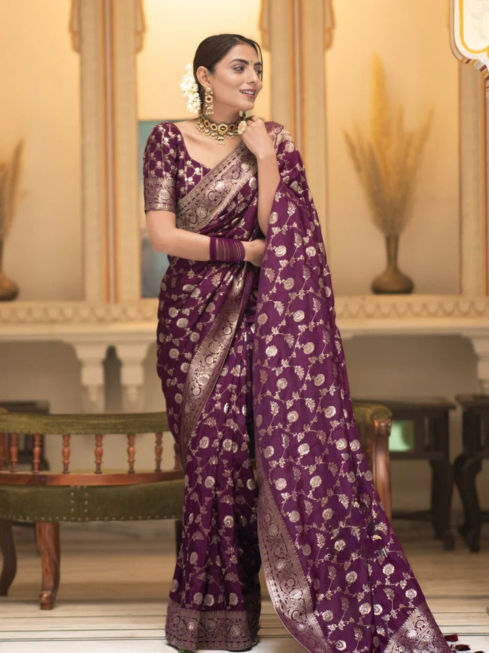 Royal Wine Pure Banarasi Silk Saree With Heavy Pallu