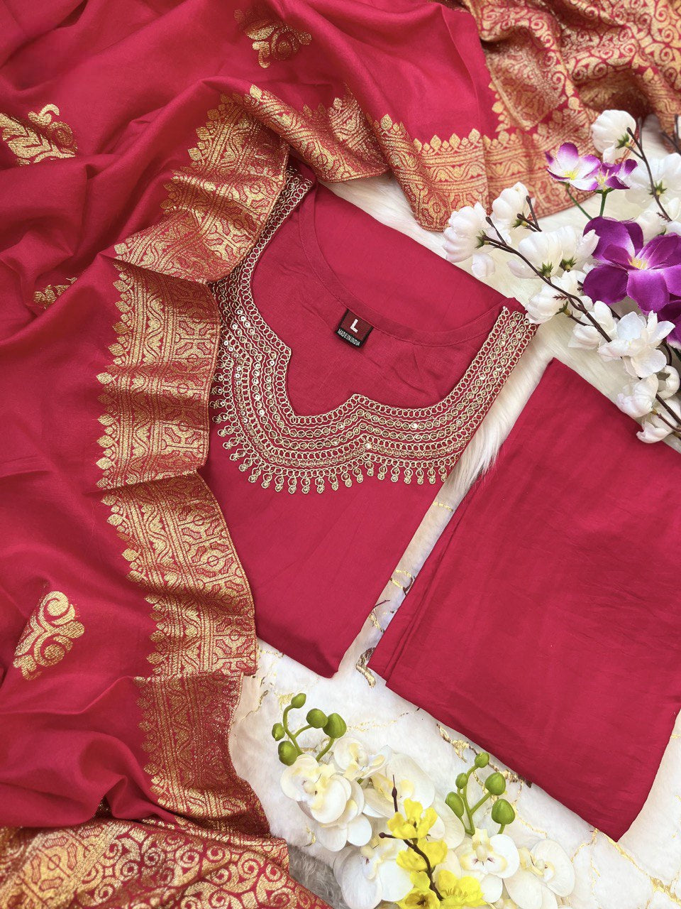 Tremendous Red Beautiful Chanderi Viscose Kurta Set