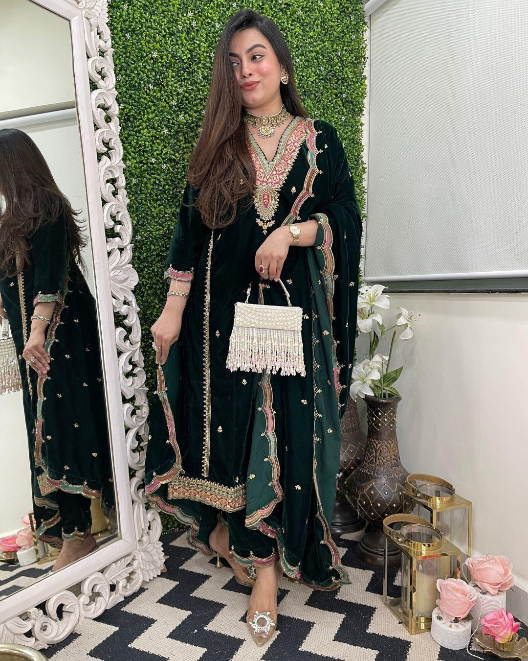 Most Trending Winter Wear Designer Style Velvet Suit With Dupatta