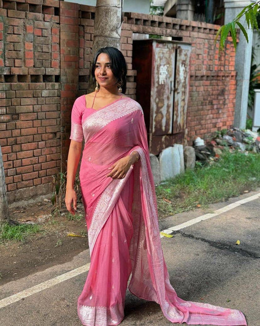 Pure Pestal Pink Soft Linen Cotton Saree With Rich Weaving Blouse