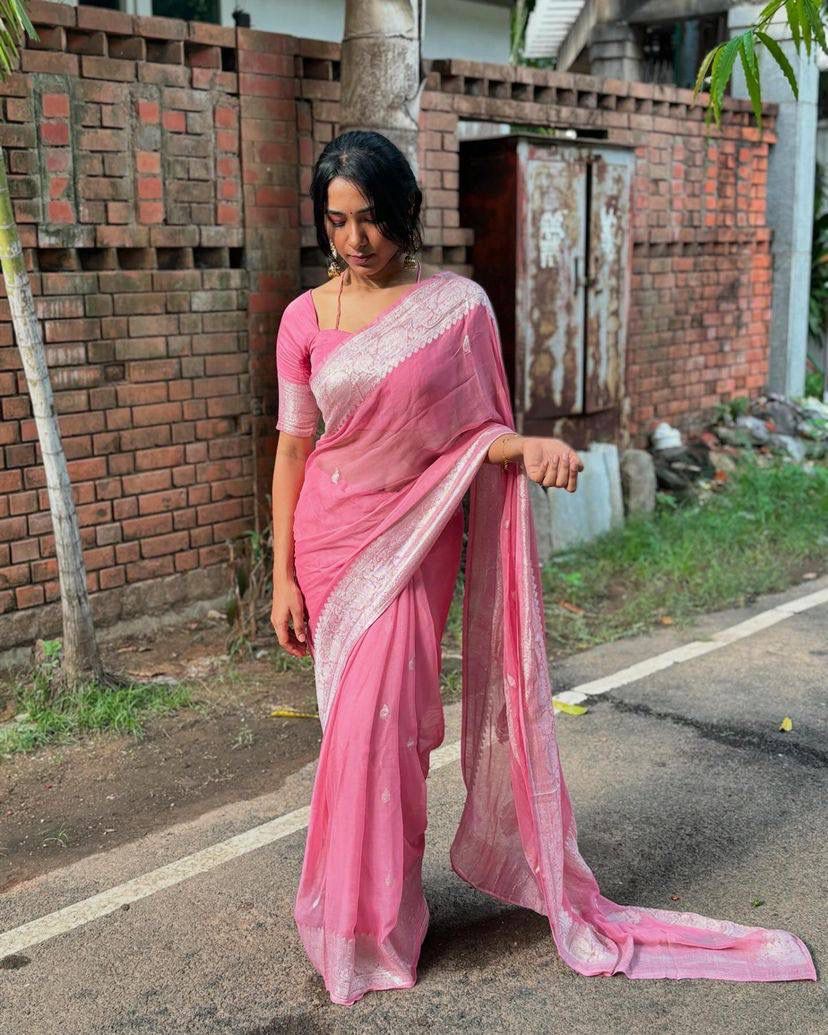 Pure Pestal Pink Soft Linen Cotton Saree With Rich Weaving Blouse